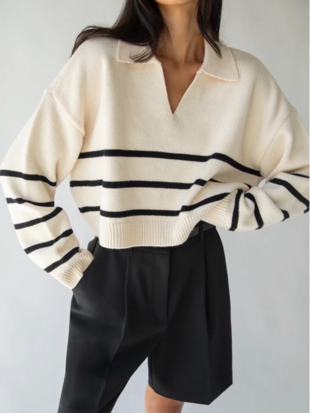 OAK & FORT Collared Stripe Sweater in Cream & Black Size S